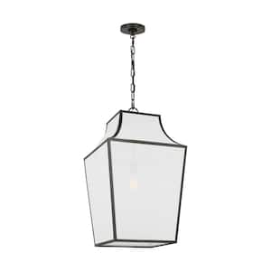 Arnio Large 1-Light Aged Iron Hanging Pendant Light with White Linen Fabric Shade