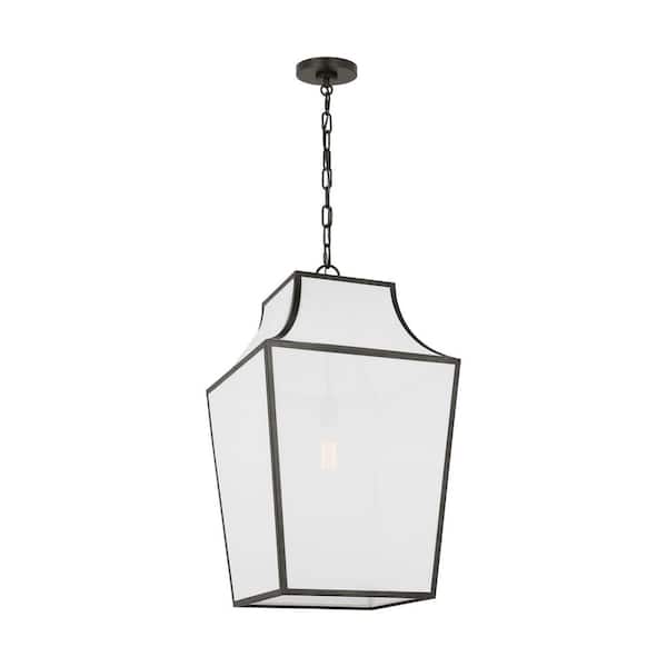 Generation Lighting Arnio Large 1-Light Aged Iron Hanging Pendant Light with White Linen Fabric Shade