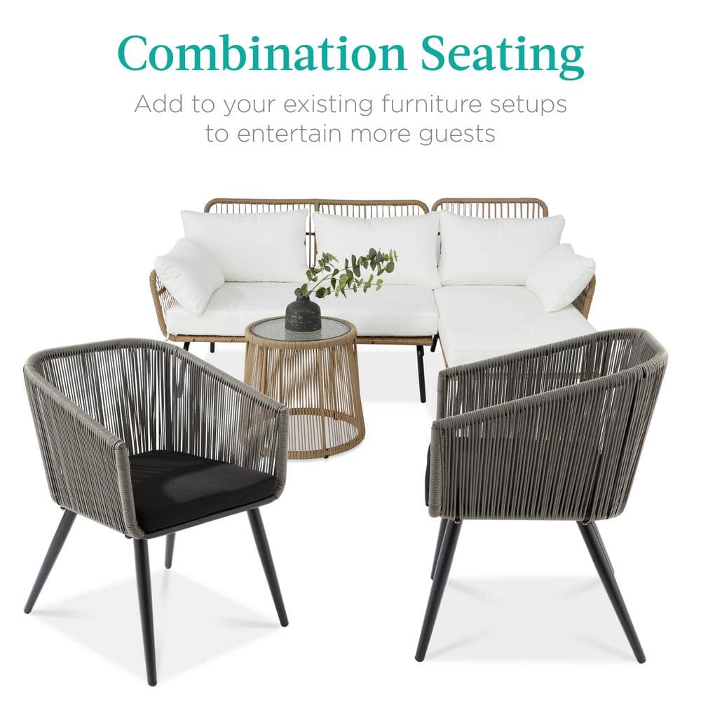 Set of 2 Gray and Black Woven Wicker Patio Dining Chairs