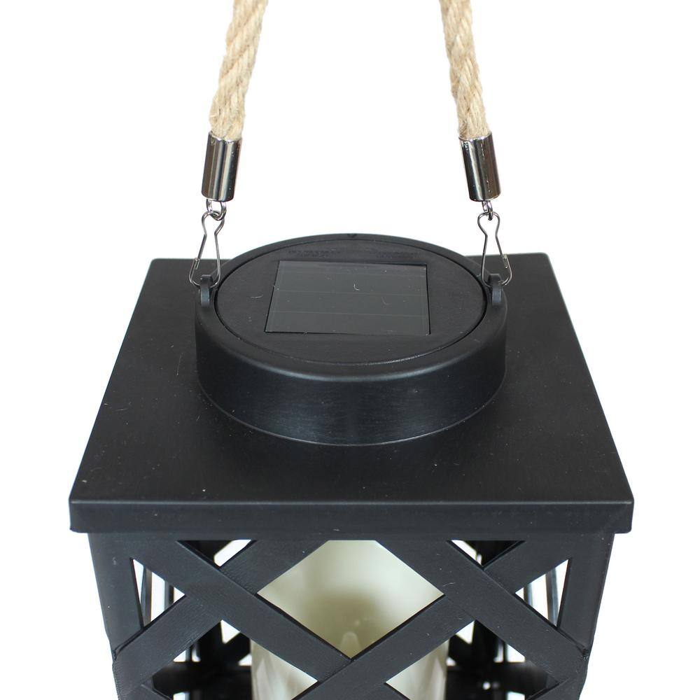 Black Crosshatch Solar LED Hanging Tabletop Candle Lantern