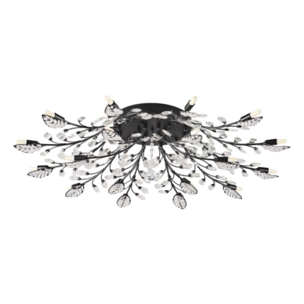 25W 18-Light Matte Black Crystal Branch Flush Mount Chandelier for Dining Room Kitchen Island