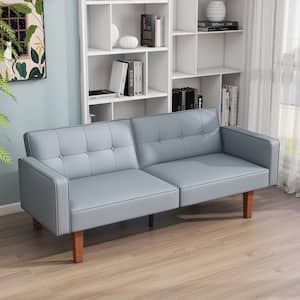 68 in. Gray Lychee Texture PU Lether Twin Size Convertible Sofa Bed with Adjustable Backrest and Solid Wood Legs