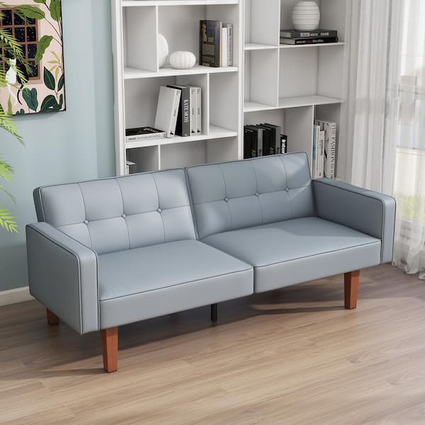 WONDER COMFORT 68 in. Gray Lychee Texture PU Lether Twin Size Convertible Sofa Bed with Adjustable Backrest and Solid Wood Legs