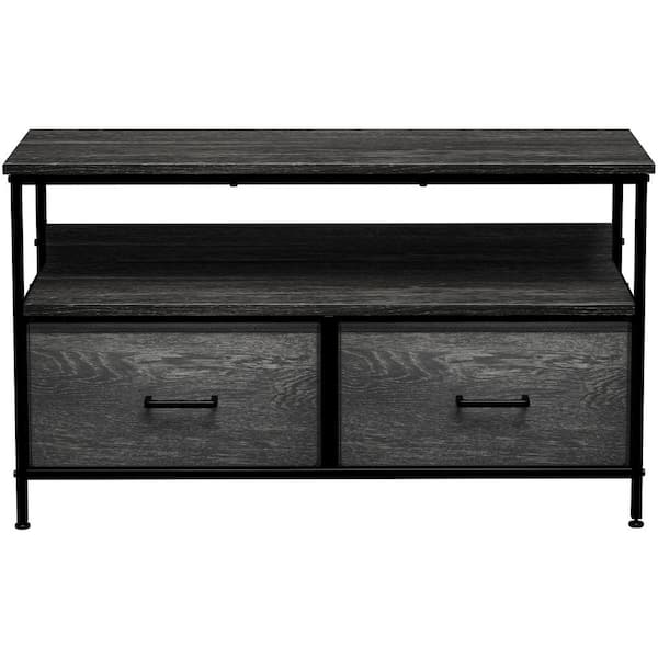 11 in. L x 22in. W x 38 in. H 2-Drawer Black TV Stand Steel Frame Wood Top Easy Pull Fabric Bins