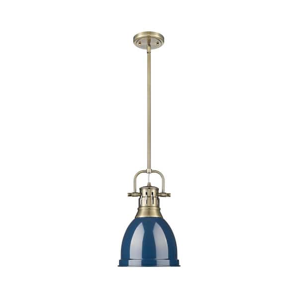 Golden Lighting Duncan 14.25 in. 1 Light Aged Brass Pendant Light with Navy Blue Shade