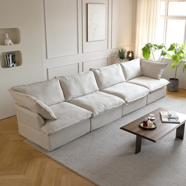 J&E Home 162.98 in. Flared Arm Linen Modern Rectangle Sofa with Pillow in Beige