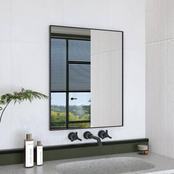 Hermitage Bath Oblivion 24 in. W. x 30 in. H Rectangular Framed Wall Bathroom Vanity Mirror in Matte Black