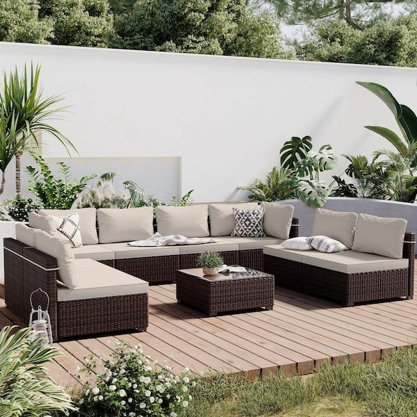 9-Piece Wicker Patio Conversation Seating Set with Beige Cushions and Coffee Table