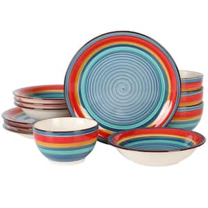 Rainbow 12-Piece Blue Multi Stoneware Dinnerware Set