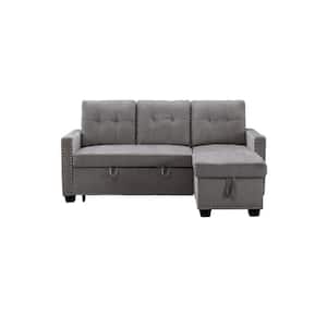 76.8 in.Light Grey Velvet Fabric Reversible Reversible Sleeper 2-Seat Sectional Sofa L-Shape Sofa Bed With Storage