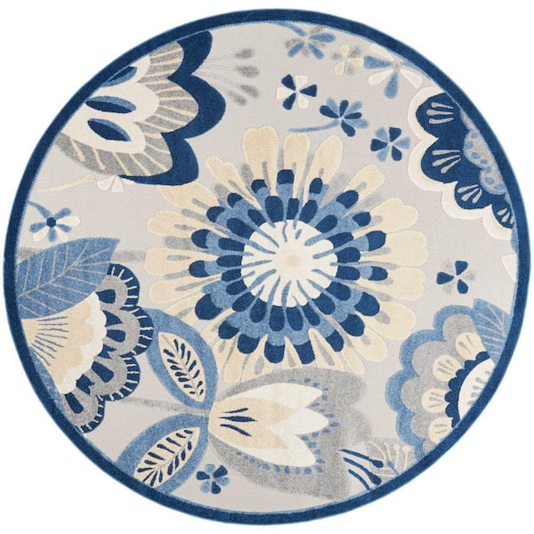 Aloha Blue/Gray 8 ft. x 8 ft. Round Floral Contemporary Indoor/Outdoor Patio Area Rug