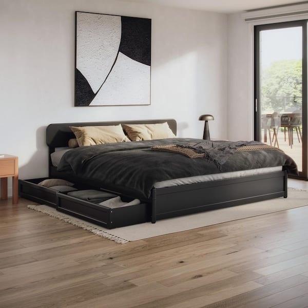 Capri Black Wood Frame King Platform Bed with Panel Footboard and Storage Drawers