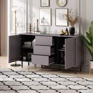 Grey Wood 55 in. W Sideboard Home Bar Credenza Cabinet with Shelves, Pop-up Design, Curved Edge, for Living Room