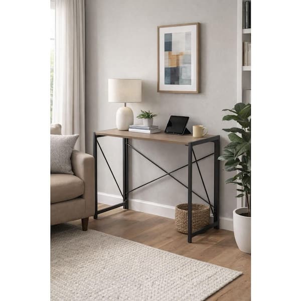Foldable 39.5 in. Rectangular Sewn Oak Laminate with Black Metal Base Writing Desk assembled with no tools