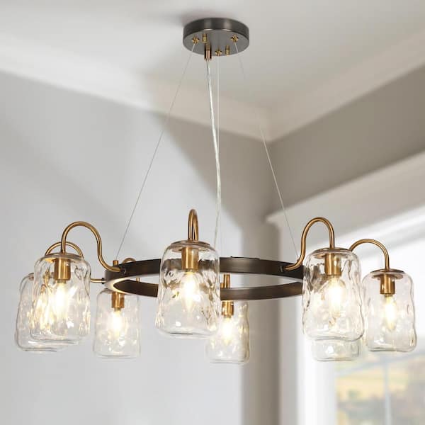 W Modern 8-Light Gunmetal Gray and Brass Wagon Wheel Chandelier for Living Room with Mason Jar Textured Glass Shades