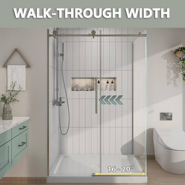 Modern 44-48 in. W x 32.25 in. D x 72 in. H Frameless Corner Sliding Shower Door Enclosure in Brushed Nickel Clear Glass
