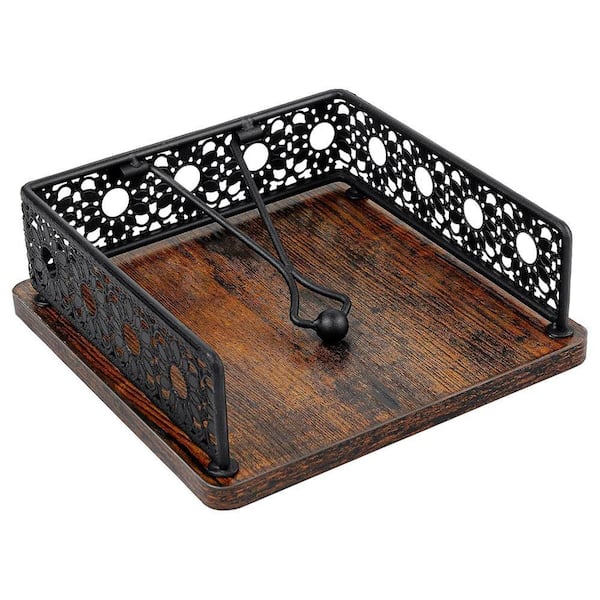 Farmhouse Tabletop Black Iron and Wood Sunflower Edged Napkin Holder With Weighted Arm for Kitchen Decor