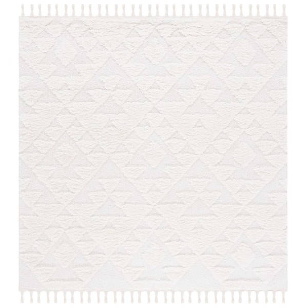 Moroccan Ivory Tassel Shag 8 ft. x 8 ft. High-Low Geometric Fringe Square Area Rug
