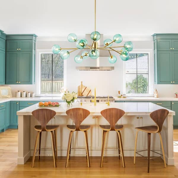 Hannah 15-Light Modern Glam Gold Linear Sputnik Green Glass Globe Bubble Chandelier