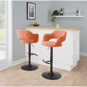 Margarite 32.75 in. Orange Fabric, Black Metal High Back Adjustable Height Bar Stool with Rounded T Footrest (Set of 2)