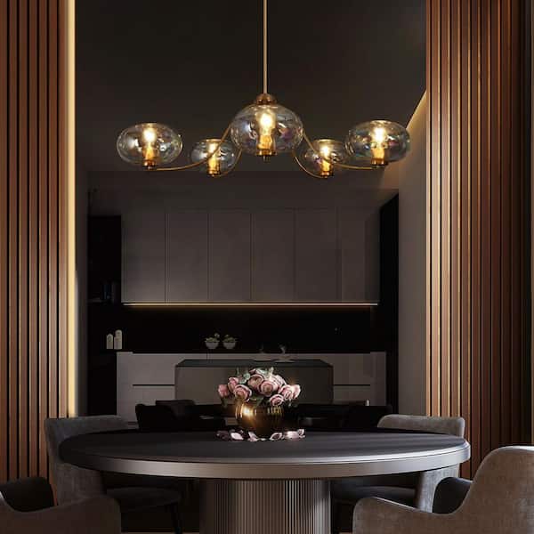 Chrysa 41.5 in. 5-Light Plated Brass Modern Sputnik Dining Room Chandelier with Iridescent Glass Globes and Curvy Arms