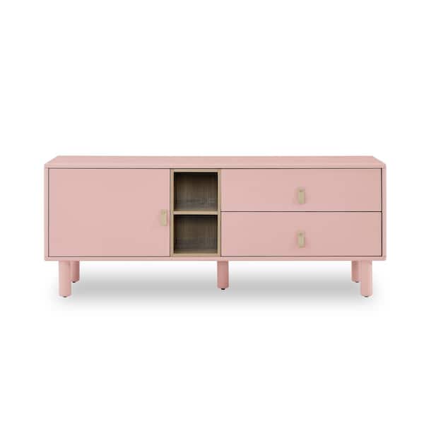 COWLOWN 54.57 in. W x 15.75 in. D x 21.65 in. H Pink Linen Cabinet with Doors, Leather Handle Drawer Chest