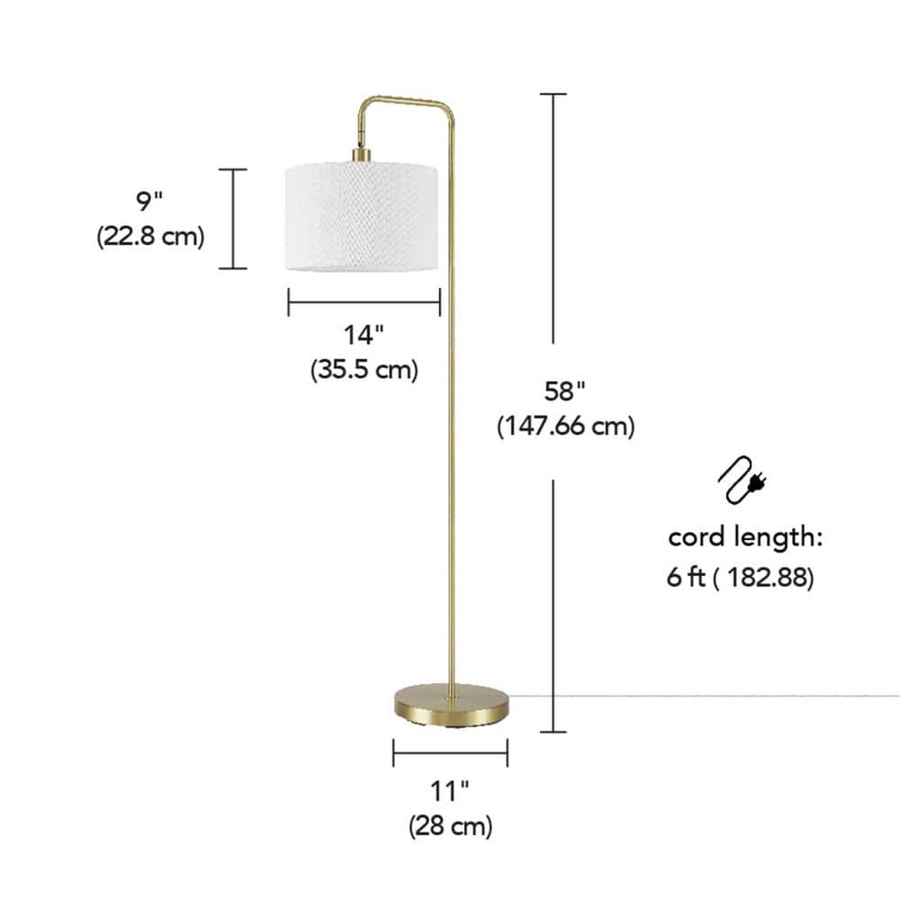 58" Brass Floor Lamp with White Linen Drum Shade