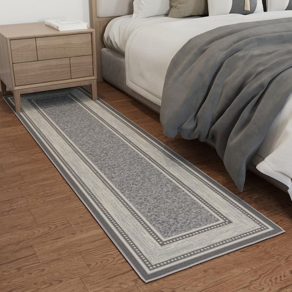 Ottohome Collection Non-Slip Rubberback Bordered Design 2x7 Indoor Runner Rug, 1 ft. 10 in. x 7 ft., Gray