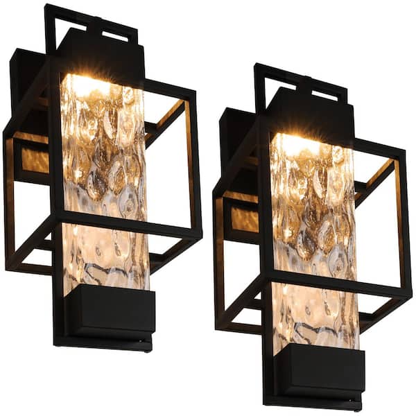 Modern Black Outdoor Light Fixtures Dusk to Dawn 2 Pack with LED T10 Bulbs, 15" Wall Sconce Lantern Waterproof for Porch