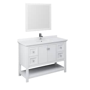 Manchester 48 in. W Bathroom Vanity in White with Quartz Stone Vanity Top in White with White Basin and Mirror