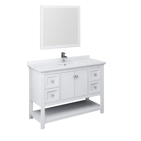 Fresca Manchester 48 in. Single Sink Shaker-Style White Bath Vanity with White Quartz Top, Integrated Sink and Mirror