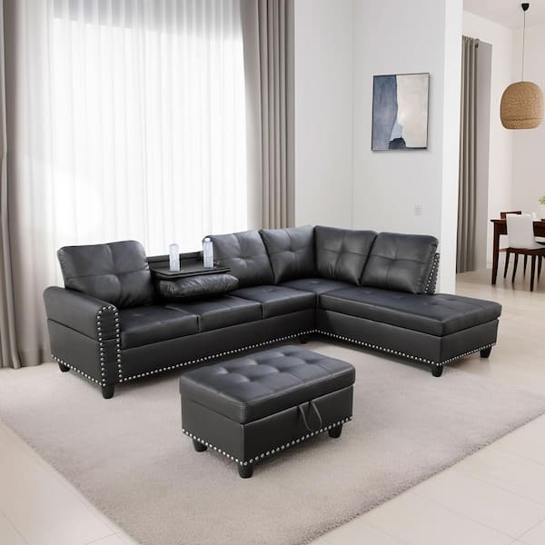 AndMakers 97.5 in. W Round Arm 3-piece L Shaped Faux Leather Sectional Sofa in Black