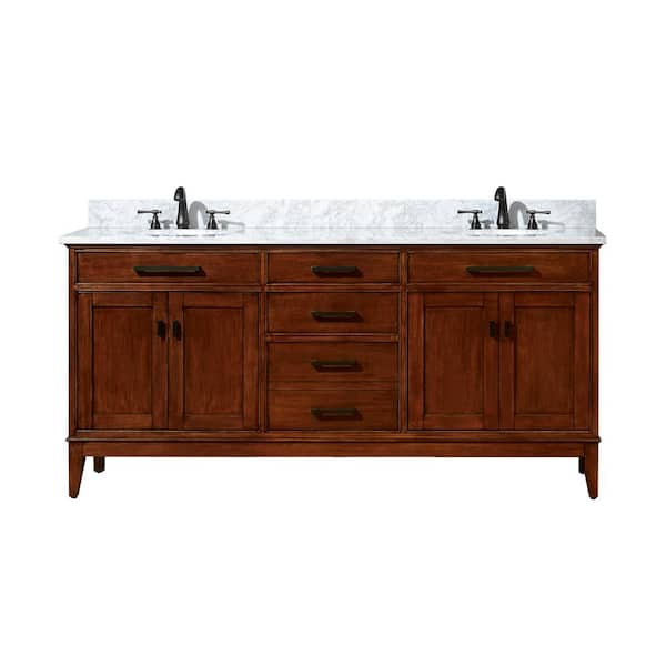 Madison 73 in. Double Sink Tobacco Bath Vanity with Carrara White Marble Top