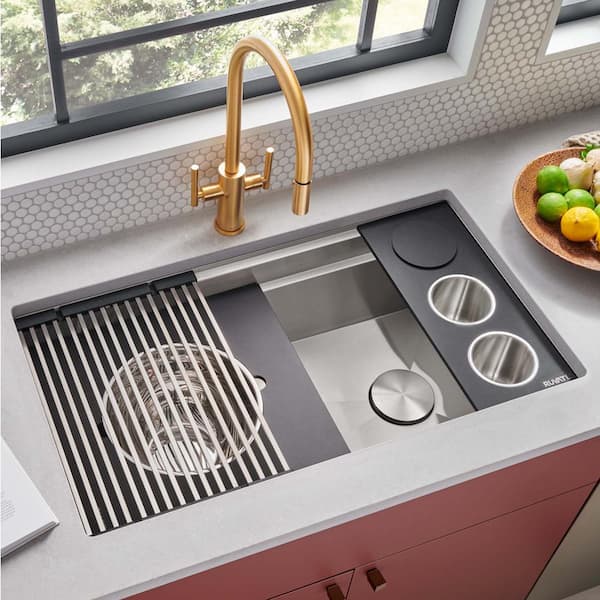 LedgeFit 3-Piece Stainless Steel Condiment Tray with Black Granite Quartz Composite Platform Sink Accessory Set