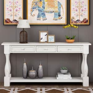 64.2 in. L Antique White Rectangle Solid Wood Console Table with Drawers and Shelf