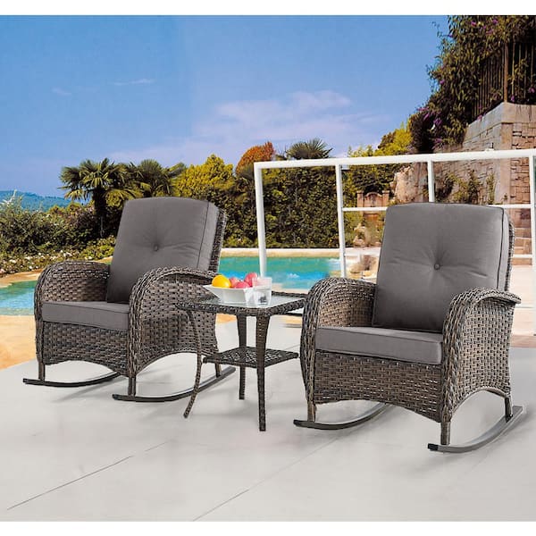 Opohoro PlainCurve 3-Piece Brown Wicker Outdoor Rocking Chairs Patio Conversation Set with Olefin Gray Cushions