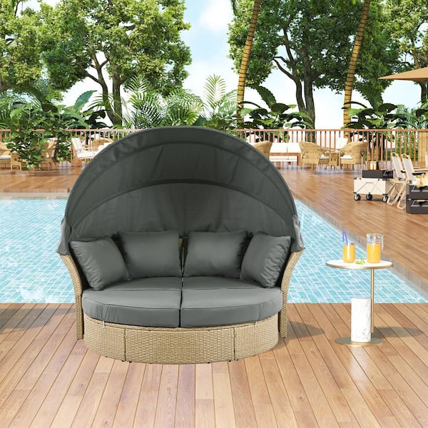 Wicker Outdoor Day Bed Round Sofa with Gray Cushions and Canopy