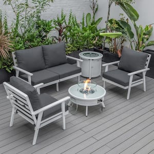 Walbrooke White 5-Piece Aluminum Round Patio Fire Pit Set with Charcoal Cushions, Slats Design & Tank Holder