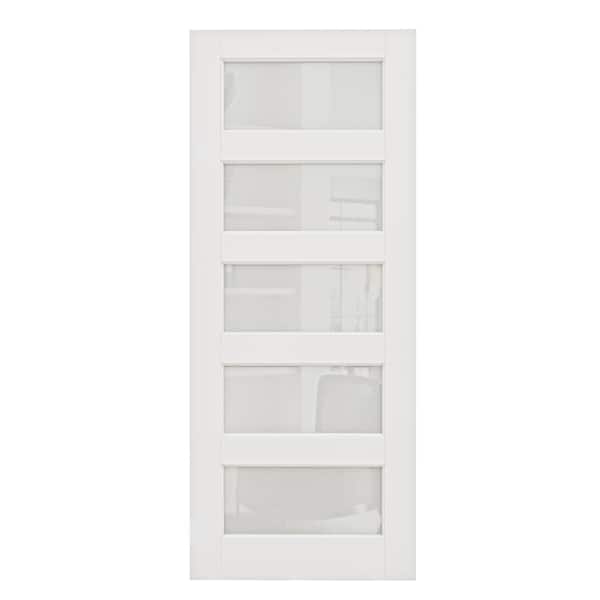 36 in. x 96 in. Solid Core 5-Lite Tempered Frosted Glass White Primed MDF Interior Door Slab