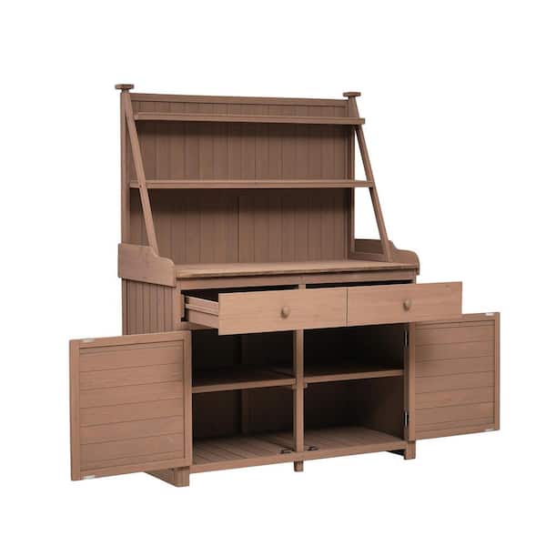65 in. Brown Fir Wood Garden Potting Bench Table with Storage Shelf, Drawer and Cabinet