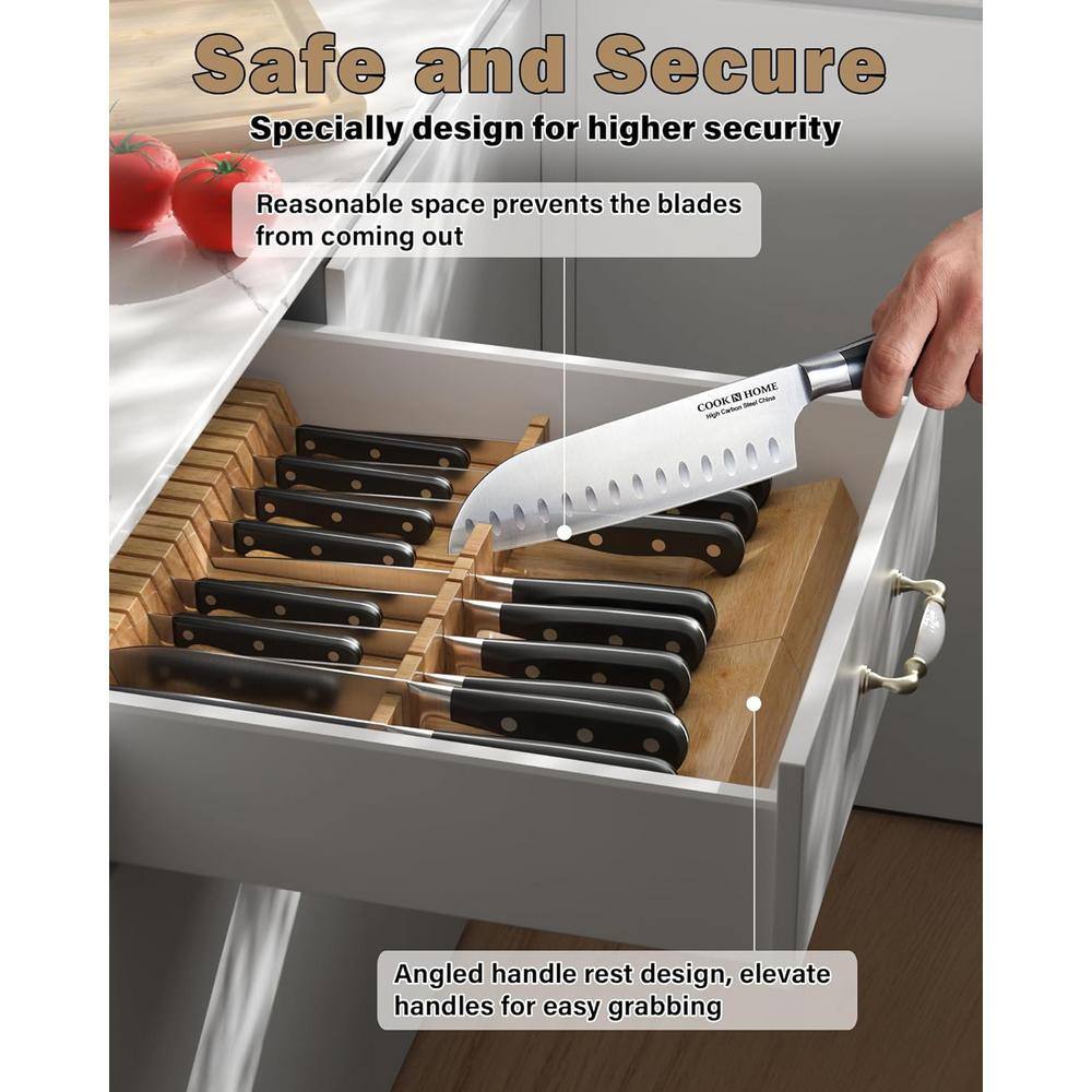 Natural Rubber Wood 18-Slot In-Drawer Knife Block Organizer