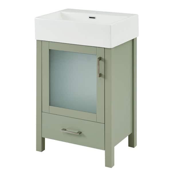 20 in. W Single Sink Freestanding Bath Vanity in Green with White Ceramic Top for Small Bathrooms