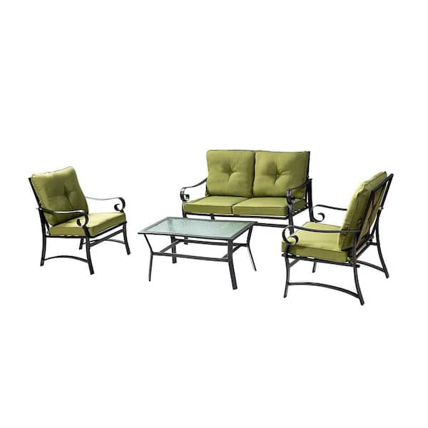 JAYDEN CREATION Tariat 4-Piece Metal Patio Fire Pit Sofa Seating Group with Green Cushions