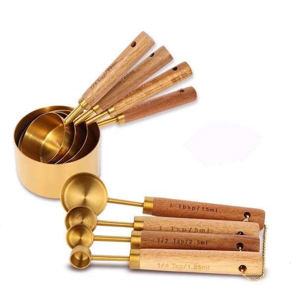 8-Piece Premium Stainless Steel Measuring Spoons and Cups Set with Fragrant Wood Handles in Gold