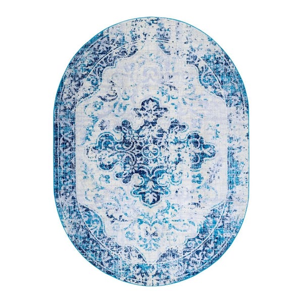 Unbranded Elite Blue 6 ft. 7 in. x 9 ft. Bohemian Distressed Oval Area Rug