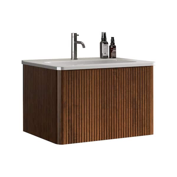 Ziyudura 24 in. Single Sink Floating Walnut Bath Vanity with White Ceramic Top (Assembled), Curved Edges
