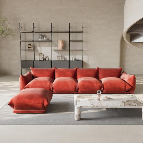 Marenco 131 in. Flared Arm Chenille Lawson L-shaped Modular Sofa Reversible 4-Seat Couch with Ottoman in. Orange