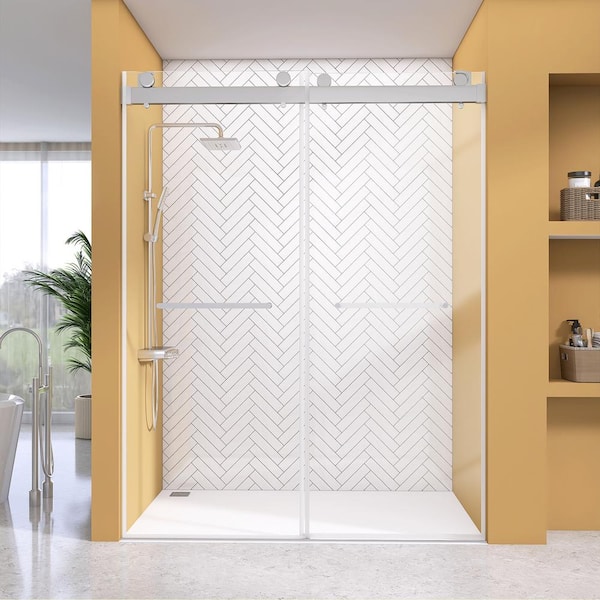 NTQ 60 in. W x 79 in. H Double Sliding Shower Doors Frameless Alcove Glass Shower Door in Brushed Nickel 3/8 in. Clear Glass