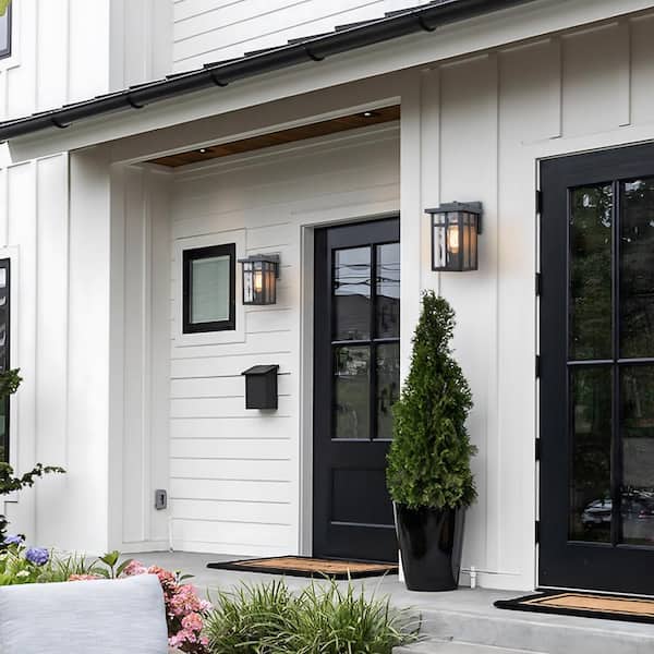 Matte Black Outdoor Hardwired Wall Lantern Sconces with Water Glass, No Bulbs Included (2-Pack)