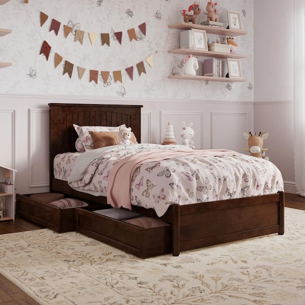 AFI Malta Walnut Brown Solid Wood Frame Twin Platform Bed with Panel Footboard and Storage Drawers